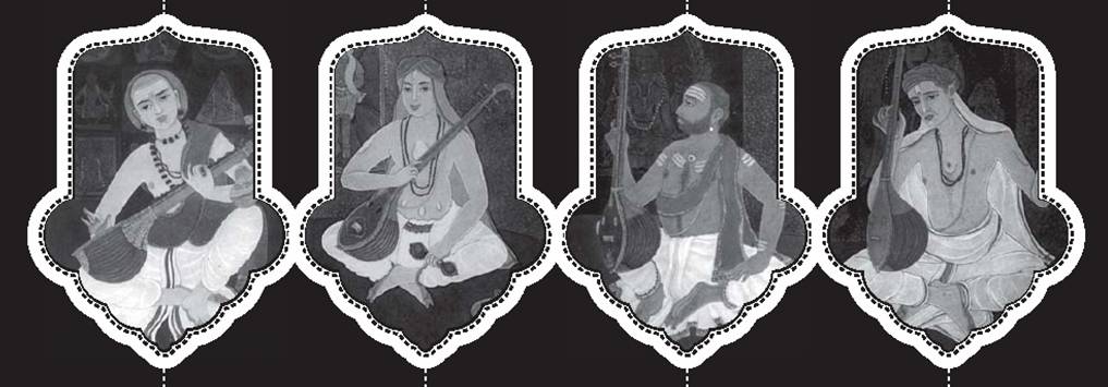 Muthuswamy Dikhsitar,
              Purandaradasa, Shyama Shastry, and Saint Thyagaraja